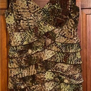 Ladies ruffle dress. Earth tones. Wore once and dry cleaned. Very flattering.